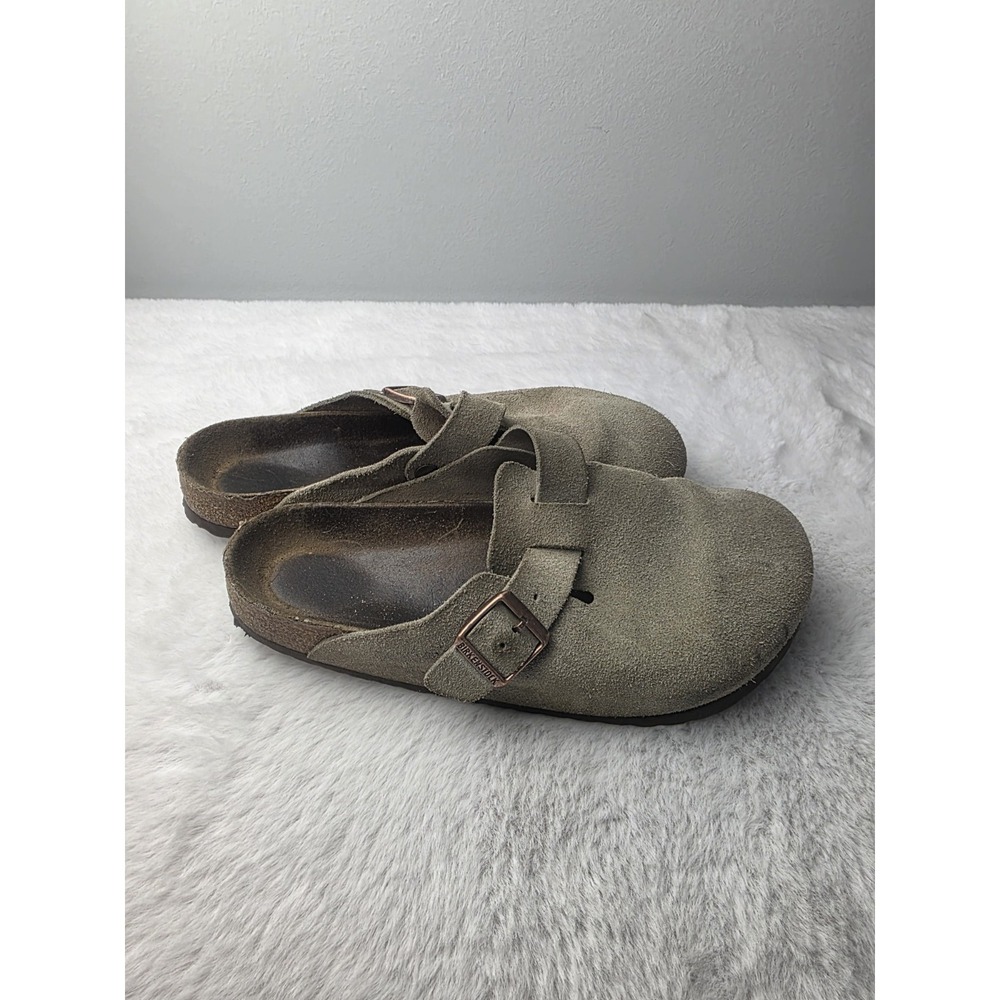 Birkenstock Suede Clog Mules in Olive Green with Buckle